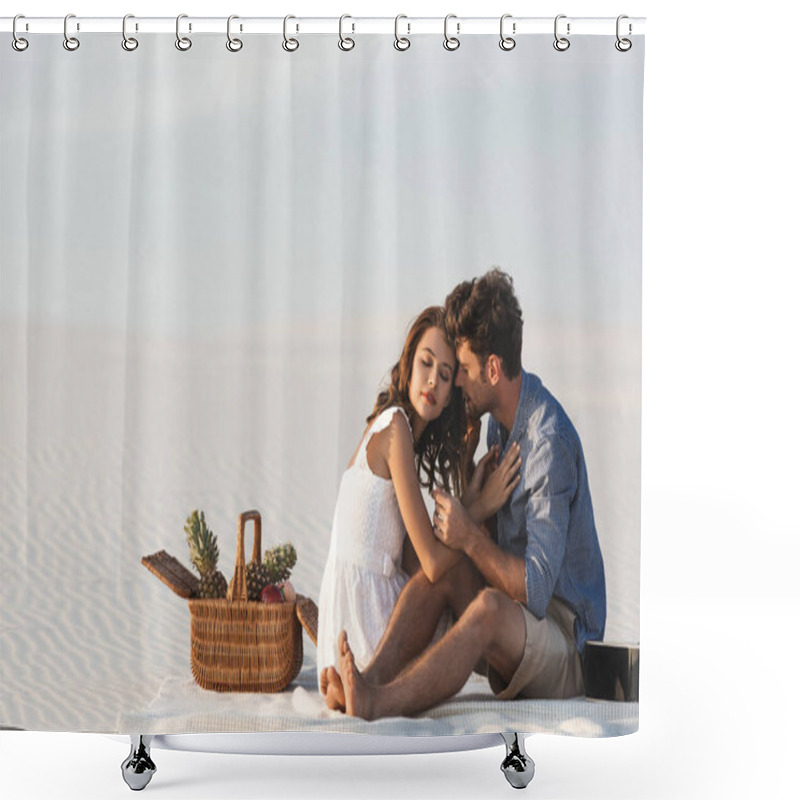 Personality  Young Couple Hugging While Sitting On Blanket With Basket Of Fruits And Acoustic Guitar On Beach Shower Curtains