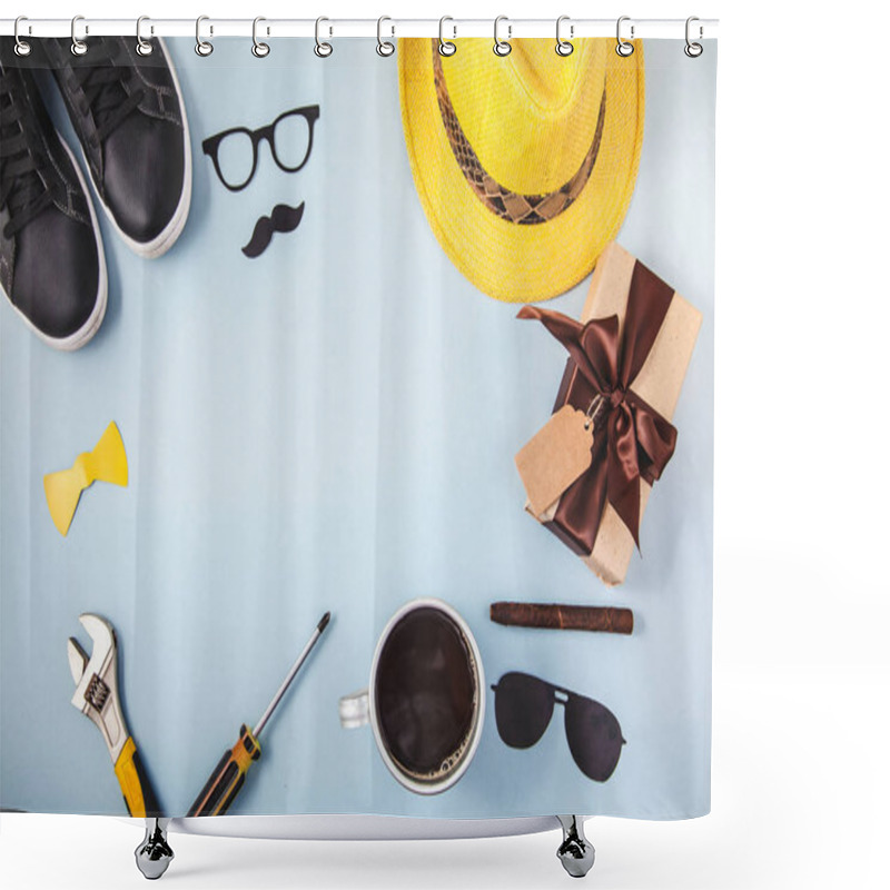 Personality  Father's Day Background Or Card Tools Yellow Hat Glasses Sneakers Cup Of Coffee Cigar Gift On A Blue Background Copy Spase Flat Lay Top View. Shower Curtains