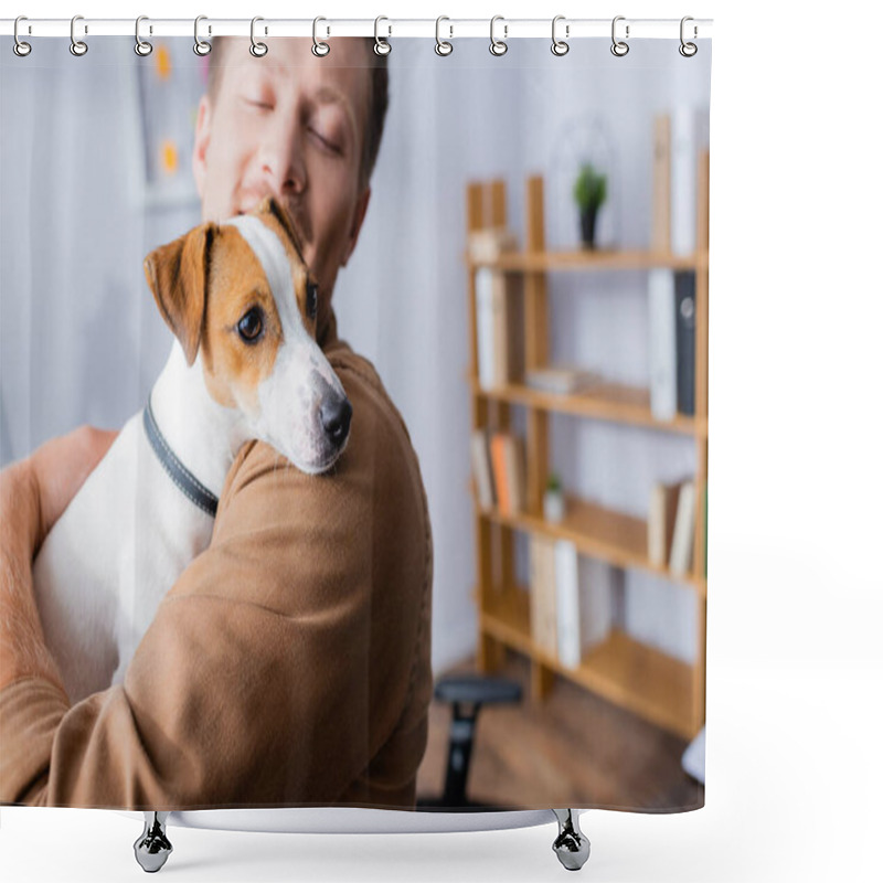 Personality  Selective Focus Of Young Businessman Holding Jack Russell Terrier Dog While Standing In Office Shower Curtains