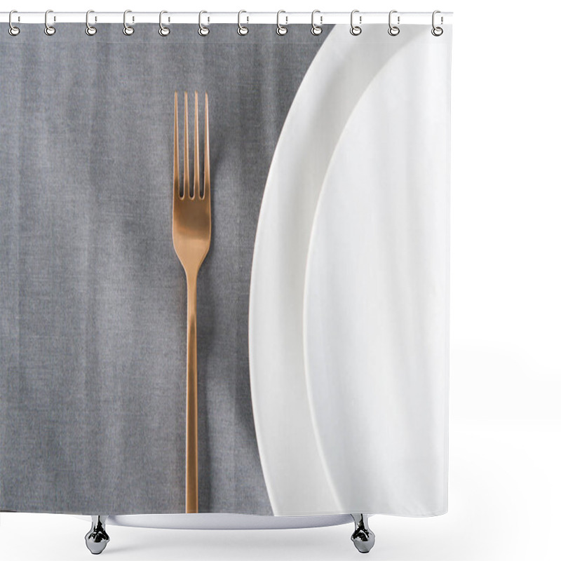 Personality  Top View Of Arranged Tarnished Old Fashioned Fork And Empty Plates On Tabletop Shower Curtains