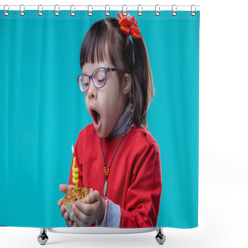 Personality  Observing Cupcake. Curious Pretty Girl Blowing Out Yellow Candle Stacked In Little Cupcake Shower Curtains