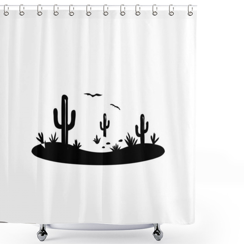 Personality  Black Silhouette Of A Desert Scene With Cacti, Shrubs And Flying Birds On A White Background. Shower Curtains