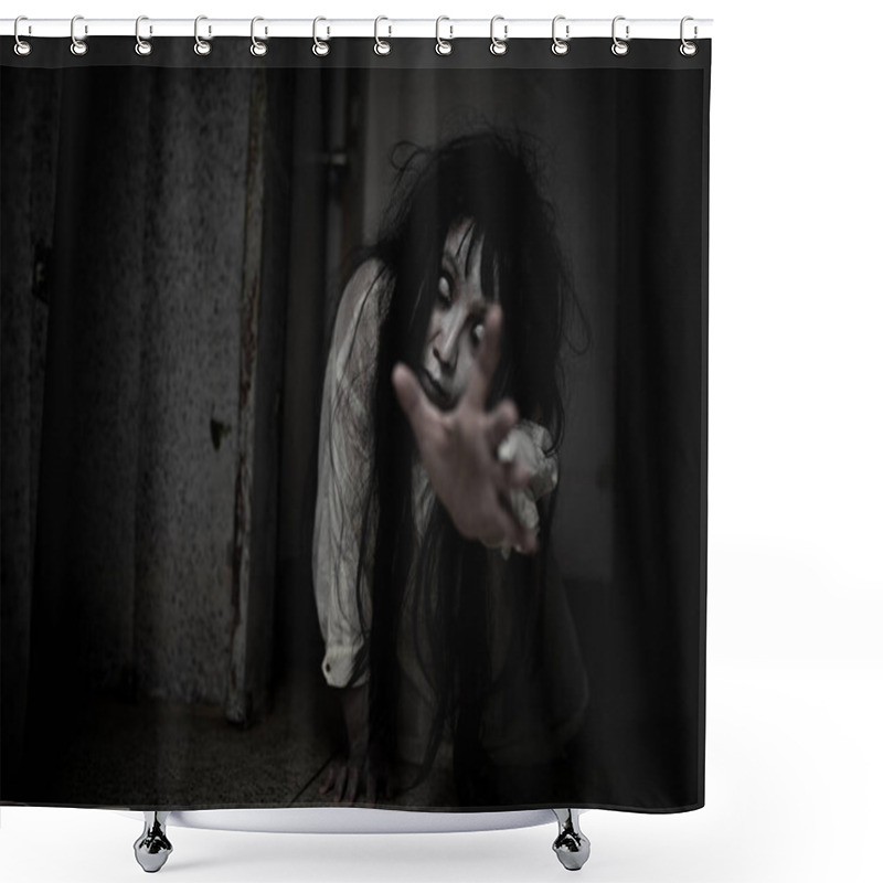 Personality  Portrait Of Asian Woman Make Up Ghost,Scary Horror Scene For Background,Halloween Festival Concept,Ghost Movies Poster,angry Spirit In The Apartment Shower Curtains