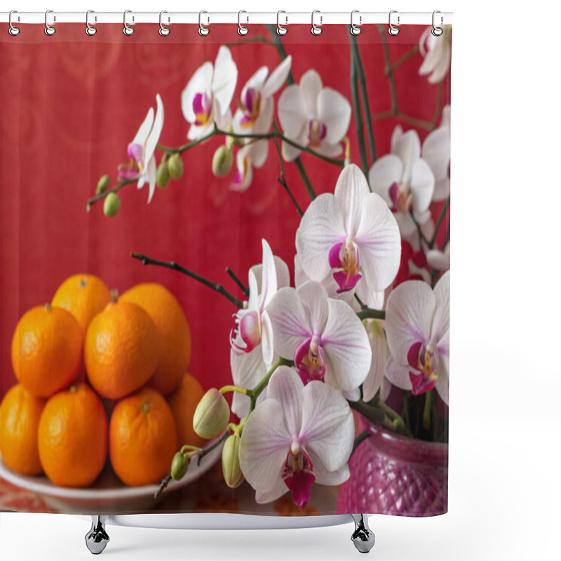 Personality  A Still Life Composition With A Vibrant And Artistic Style. The Image Features A Table With A Bunch Of Bright Orange-colored Oranges And A Vase With White Orchids. The Orchids Are In Full Bloom, Showcasing Their Delicate Petals And Unique Flower Stru Shower Curtains