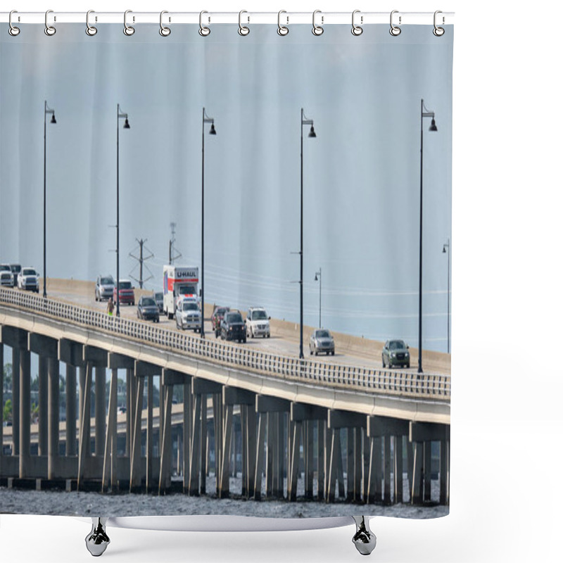 Personality  Barron Collier Bridge And Gilchrist Bridge In Florida With Moving Traffic. Transportation Infrastructure In Charlotte County Connecting Punta Gorda And Port Charlotte Over Peace River. Shower Curtains