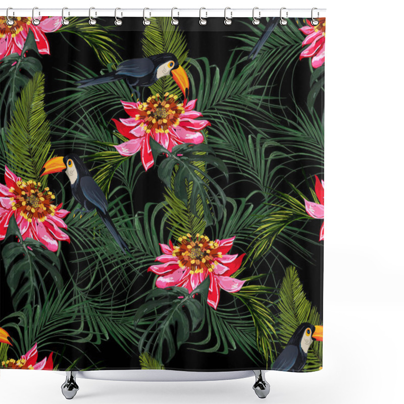 Personality  Tropical Seamless Pattern With Leaves And Red Parrot. Shower Curtains