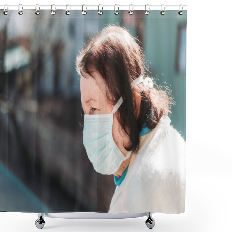 Personality  Outdoor Photo Of Elderly Woman Wearing Protective, Surgical Mask. Shower Curtains