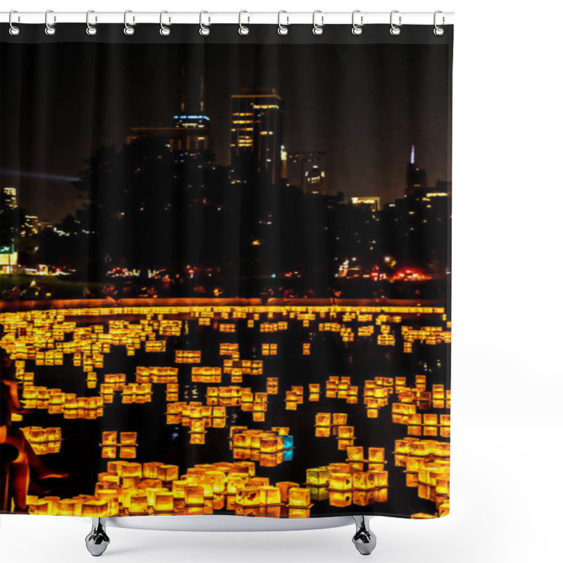 Personality  Chicago, IL - July 20th, 2019:  Glowing Lanterns Float Across The Lagoon At The Water Lantern Festival In Lincoln Park Saturday With The City Skyline As The Backdrop To A Night Of Food, Music And Fun. Shower Curtains