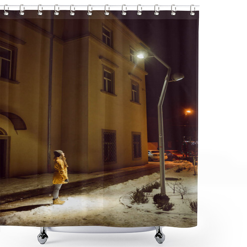 Personality  Young Adult Woman Looking At City Street Light At Winter Night. Lifestyle Shower Curtains