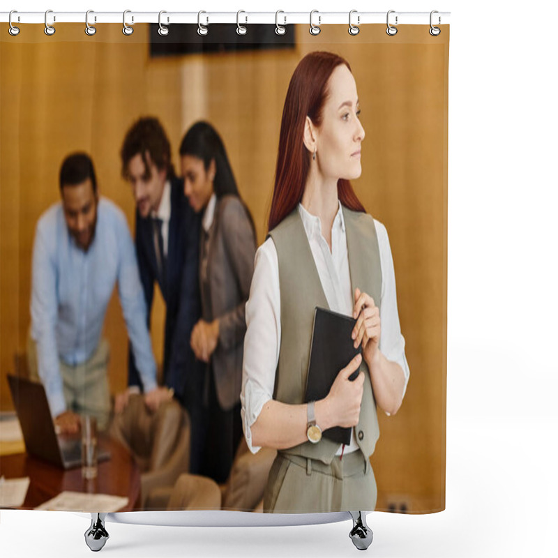 Personality  A Woman Stands Confidently At The Forefront Of A Diverse Group Of Business People. Shower Curtains