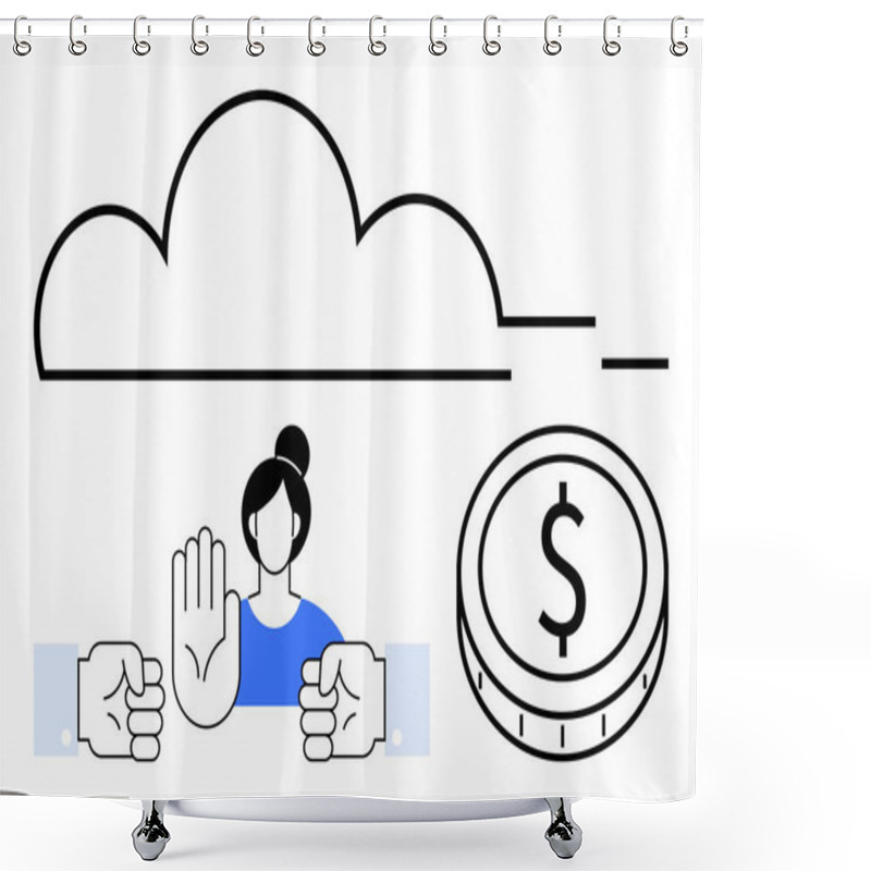 Personality  Handcuffs, Woman With Stop Gesture, Cloud, And Dollar Coin Highlight Themes Of Cybersecurity, Financial Protection, And Restriction. Ideal For Tech Safety, Finances, Fraud Control Boundaries Shower Curtains