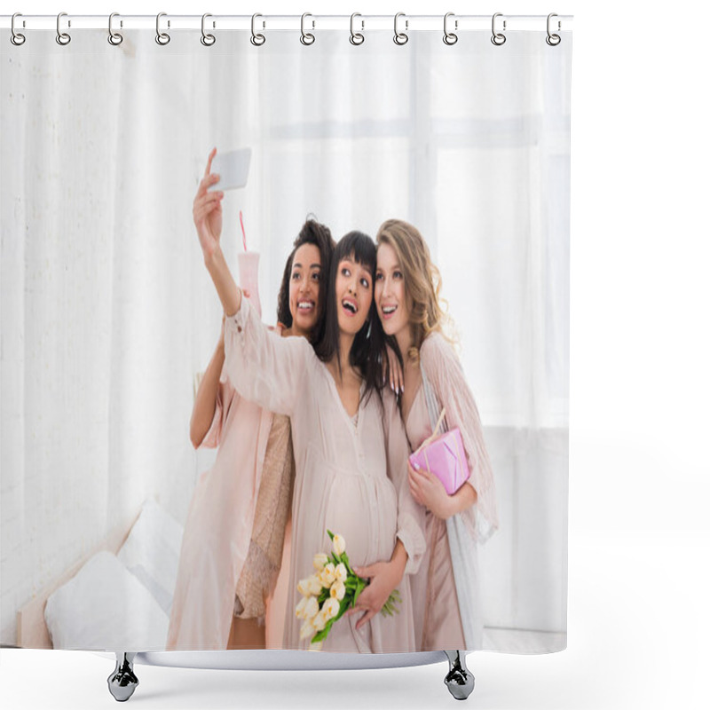 Personality  Multiethnic Girlfriends And Happy Pregnant Woman Holding Milkshake, Flowers And Gift While Taking Selfie On Baby Shower  Shower Curtains