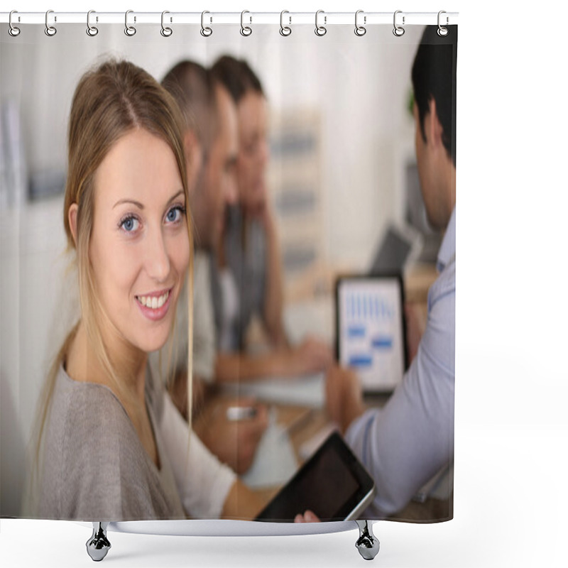 Personality  Girl Attending Meeting Shower Curtains