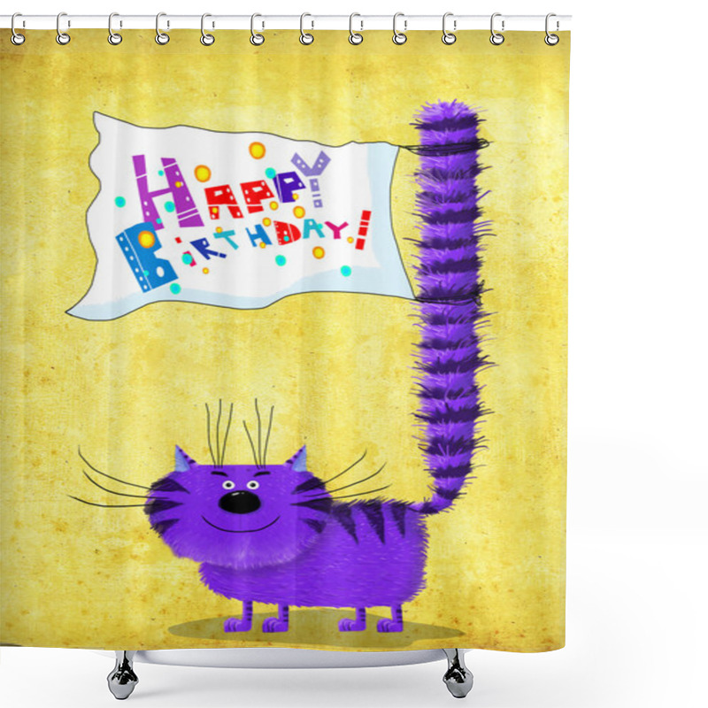 Personality  Happy Birthday Card Violet Cat With Greetings Flag  Shower Curtains