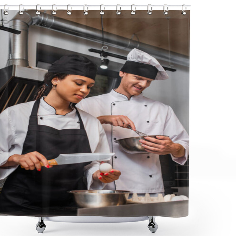 Personality  African American Sous Chef Holding Knife Near Raw Egg While Cooking Near Colleague In Kitchen Shower Curtains