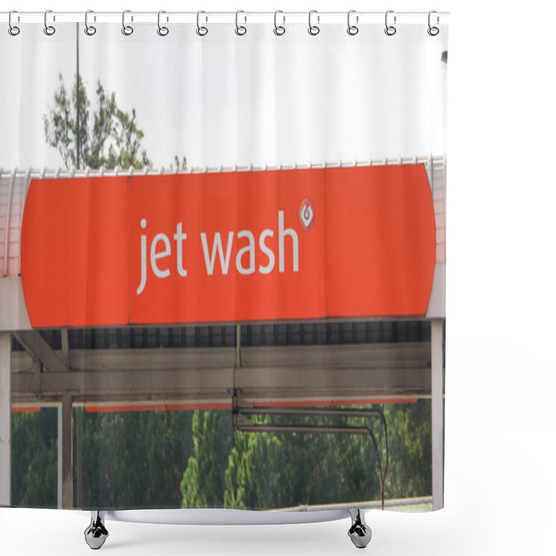 Personality  Orange Jet Wash Sign Displayed Above Gas Station Car Wash Area In Portugal Shower Curtains