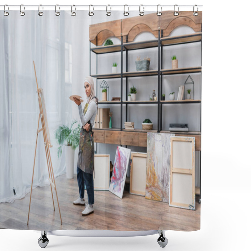 Personality  Full Length View Of Muslim Woman In Apron Standing With Palette Near Easel  Shower Curtains