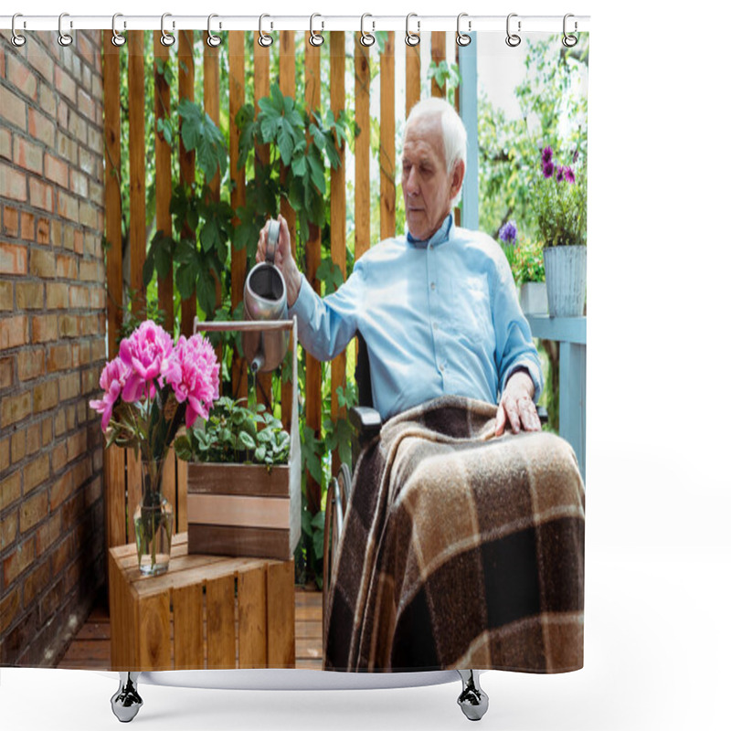 Personality  Senior Disabled Man With Grey Hair Sitting In Wheelchair And Watering Plant  Shower Curtains