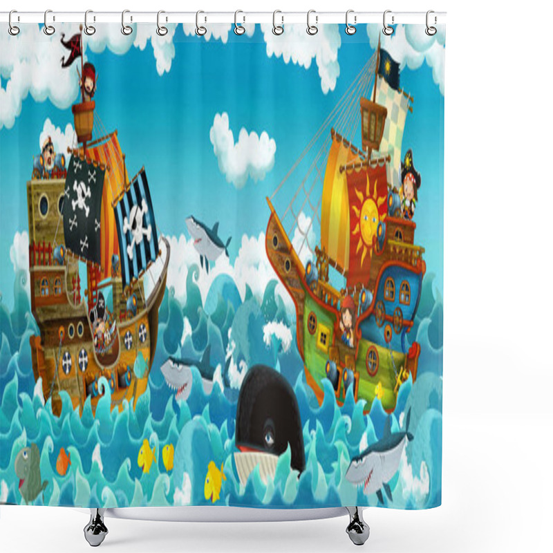 Personality  Cartoon Scene With Pirates On The Sea Battle - Illustration For The Children Shower Curtains