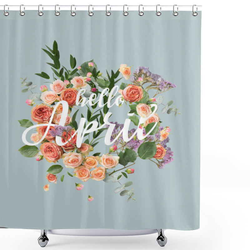 Personality  Creative Collage With Floral Wreath And Leaves With HELLO APRIL Sign Shower Curtains