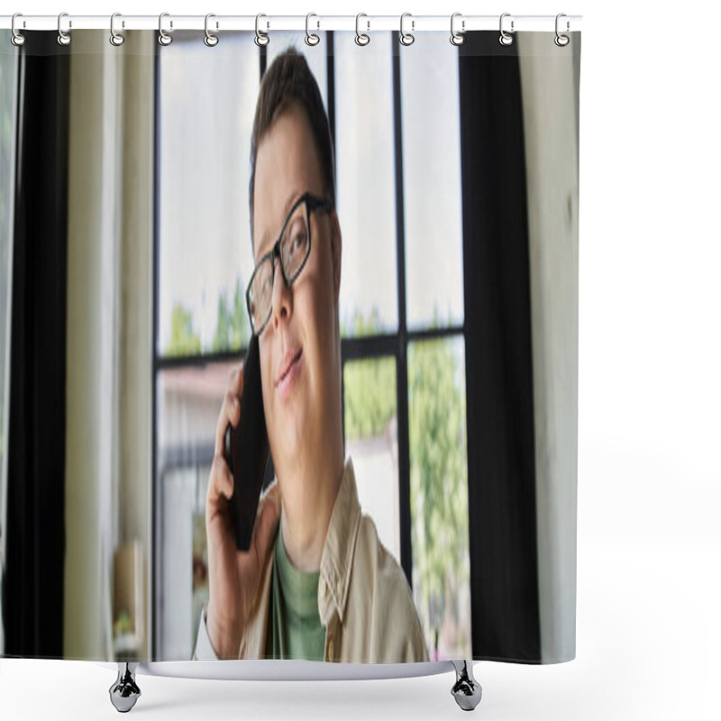 Personality  A Young Man With Down Syndrome Speaks On A Mobile Phone While Standing Near A Window. Shower Curtains