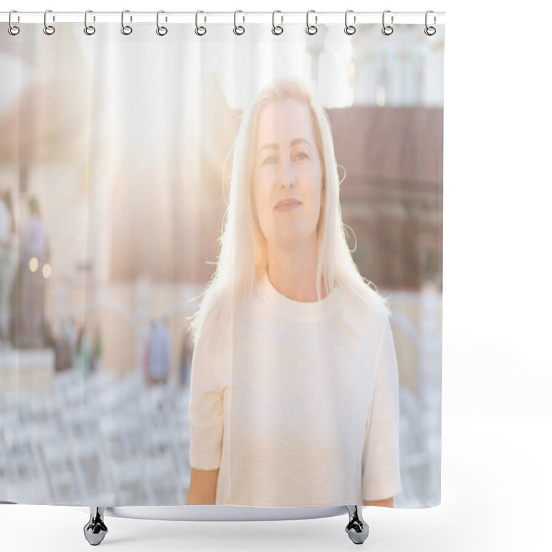 Personality  An Empty Concert Hall, Woman Near Empty Chairs At Concert Shower Curtains