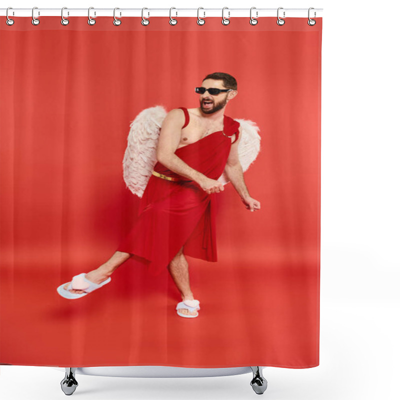 Personality  Full Length Of Excited Bearded Man In Cupid Costume Dancing On Red, St Valentines Day Celebration Shower Curtains