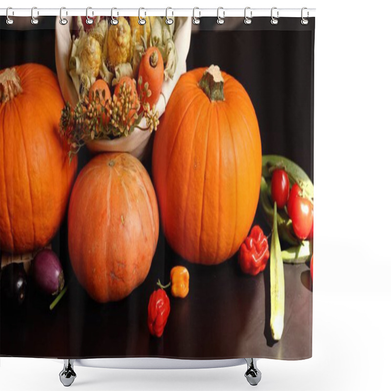 Personality  Pumpkins, Eggplants, And Corn Create Natural Harvest Scene Perfect For Rustic Autumn Setting. Rich Colors Evoke Warmth And Coziness, Making Ideal Atmosphere For Festive Gatherings. Shower Curtains