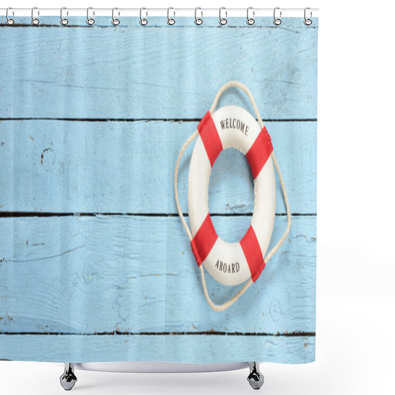 Personality  Lifebuoy  On Wooden Background Shower Curtains