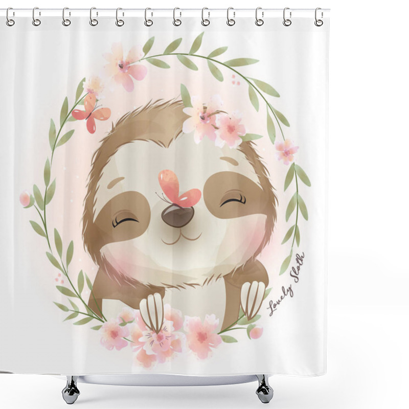 Personality  Cute Doodle Sloth With Floral Illustration Shower Curtains