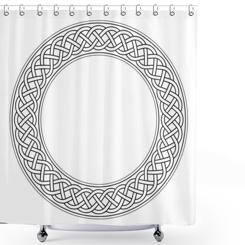 Personality  Circle Frame With Cable Knit Or Braid Pattern In Retro Style. Decorative Border With Overlapping And Crossing Lines Forming A Woven And Multi-layered Texture. Isolated Black And White Illustration. Shower Curtains