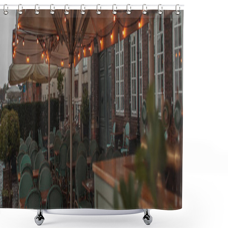 Personality  Panoramic Crop Of Lighting On Umbrellas Of Near Tables And Chairs Of Outdoor Cafe In Copenhagen, Denmark  Shower Curtains