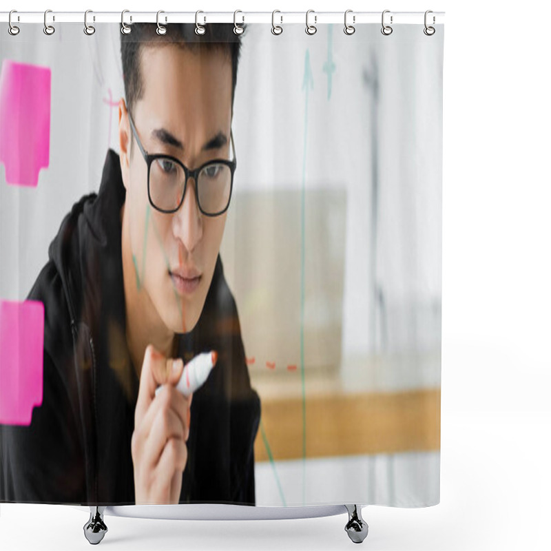 Personality  Panoramic Shot Of Pensive Asian Seo Manager In Glasses Looking At Glass With Sticky Notes And Graphs Shower Curtains