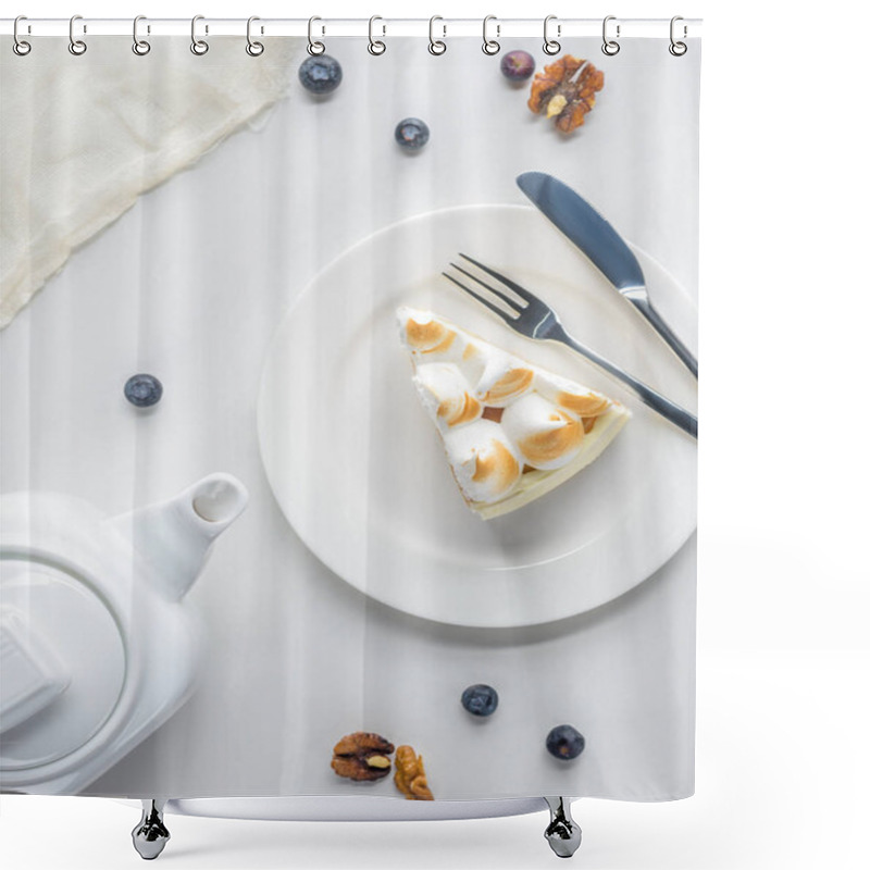 Personality  Top View Of Appetizing Piece Of Cake With Meringue And Teapot On White Table Shower Curtains