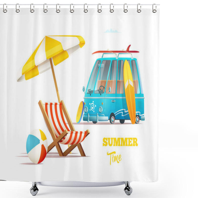 Personality  Summer Time Concept. Surfers Van And Lounger With Umbrella Shower Curtains