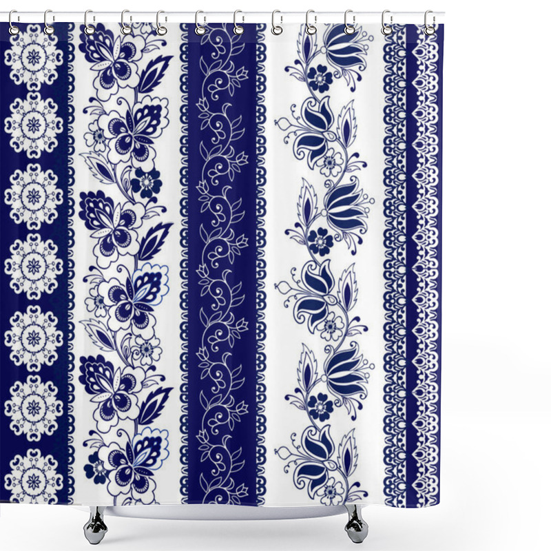 Personality  Set Of Lace Bohemian Seamless Borders. Stripes With Blue Floral Motifs. Decorative Ornament Backdrop For Fabric, Textile, Wrapping Paper. Shower Curtains