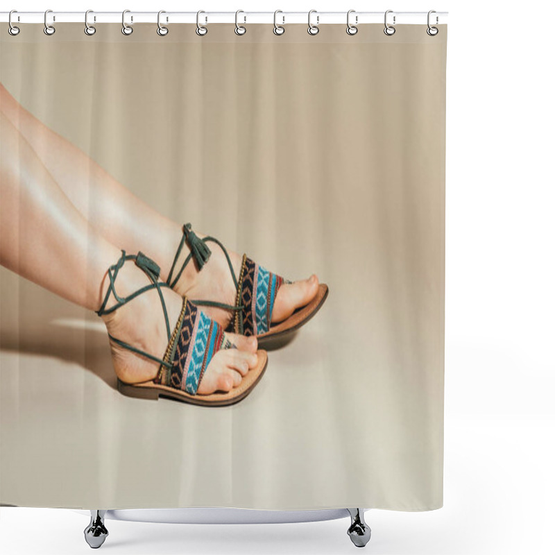 Personality  Cropped Image Of Woman Feet In Stylish Sandals On Beige Background Shower Curtains