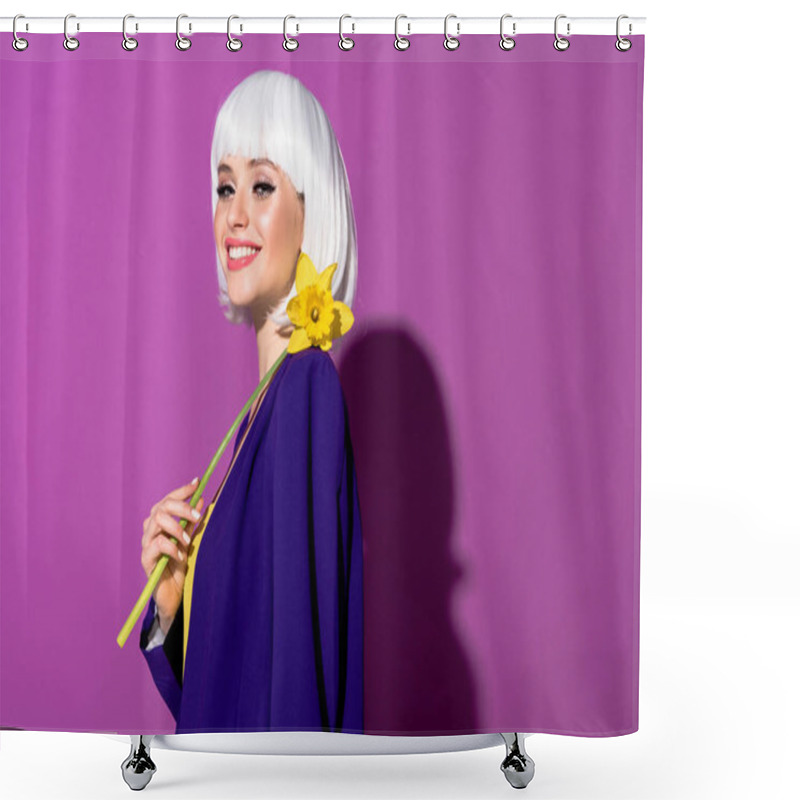 Personality  Laughing Happy Girl In Wig Holding Flower On Purple Background Shower Curtains