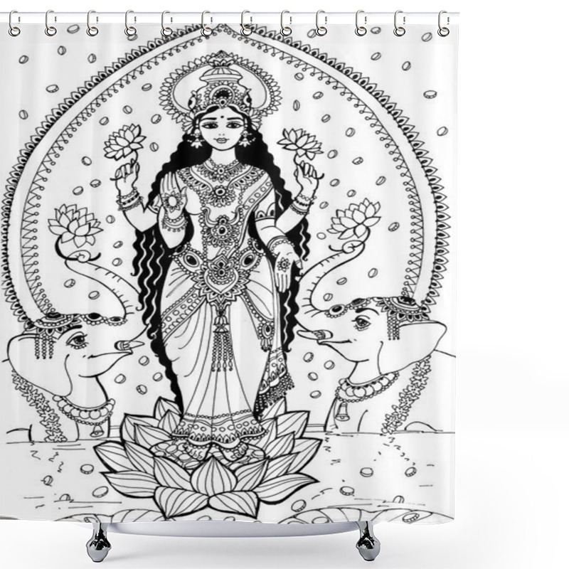 Personality  The Goddess Lakshmi Stands On A Lotus Flower And Two Elephants Are Located On The Side. The Goddess Lakshmi Is The Goddess Of Beauty And Prosperity Painted With Black Paint On A White Background. Shower Curtains