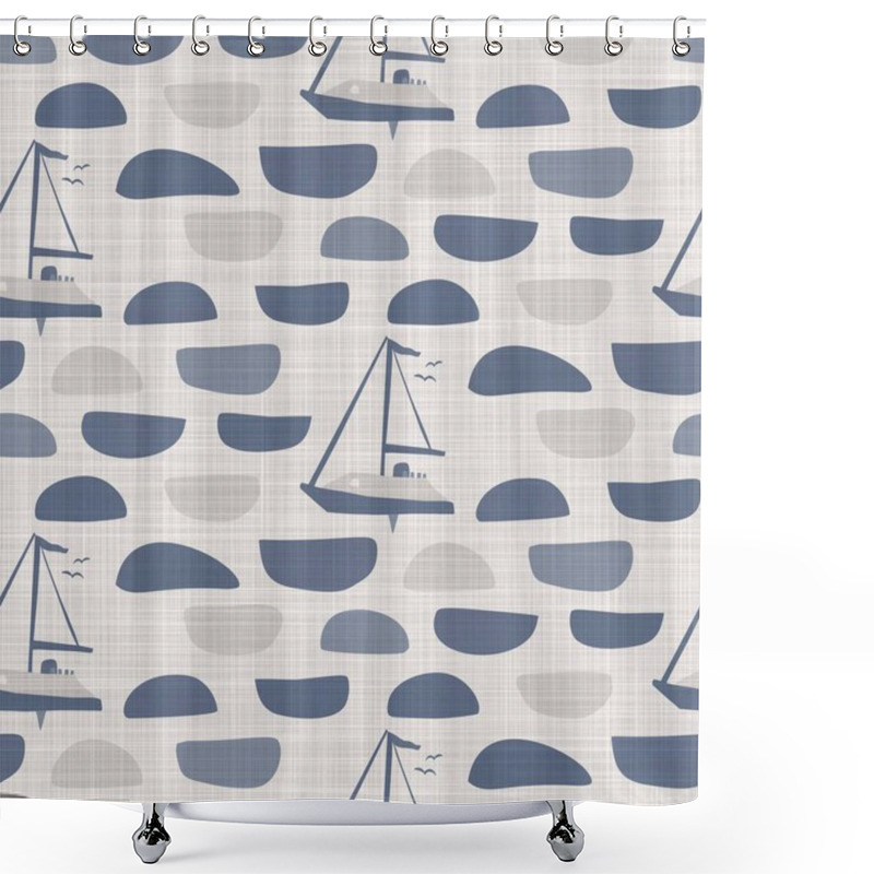 Personality  Seamless French Farmhouse Boat Linen Printed Fabric Background. Provence Blue Gray Pattern Texture. Shabby Chic Style Woven Background. Textile Rustic Scandi All Over Print Effect.  Shower Curtains