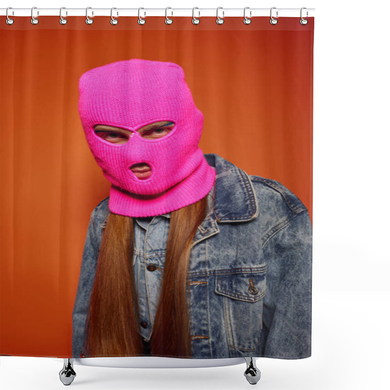 Personality  A Young Man With Long Red Hair Expresses Strong Emotions In A Pink Mask On An Orange Background. Shower Curtains