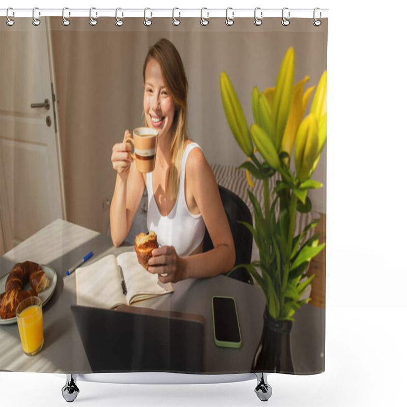 Personality  Positive Freelancer Holding Coffee And Croissant Near Devices And Flowers At Home  Shower Curtains