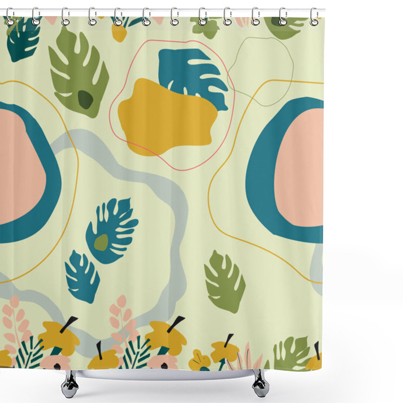 Personality  Seamless Pattern With Frangipani Flowers,monstera And Tropical Jungle Leaves.Hand Drawn Vector Trendy Abstract Background.Spots And Plumeria In Pastel Colors. Print For Textile,notebook Cover. Shower Curtains