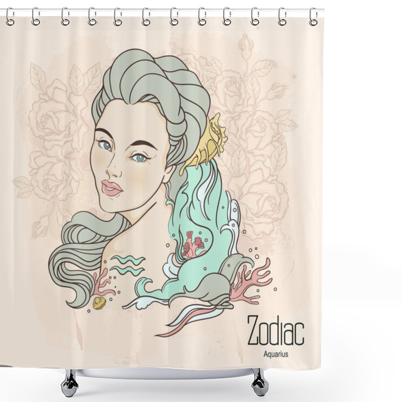 Personality  Zodiac. Vector Illustration Of Aquarius As Girl With Flowers. De Shower Curtains