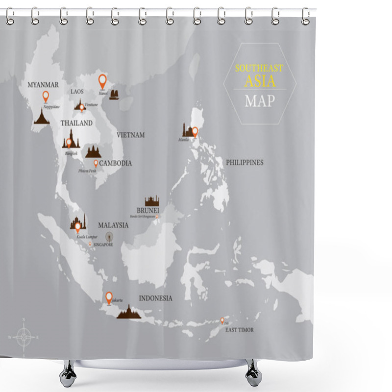 Personality  Southeast Asia Map With Country And Capital Location Shower Curtains