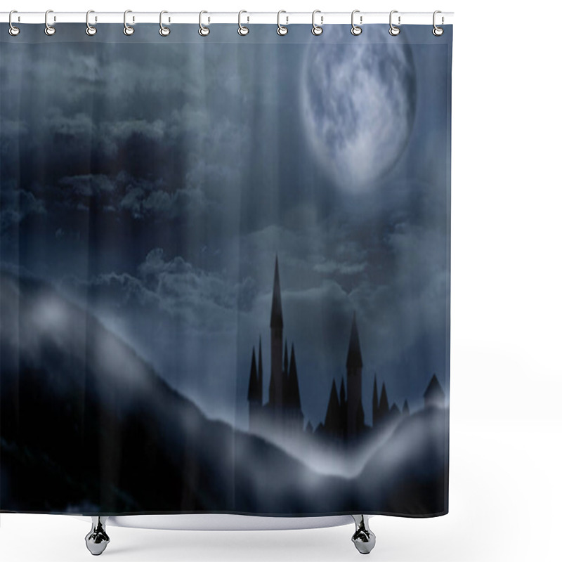 Personality  Fantasy World. Mystical Castle And Mountains Covering With Fog In Night Shower Curtains