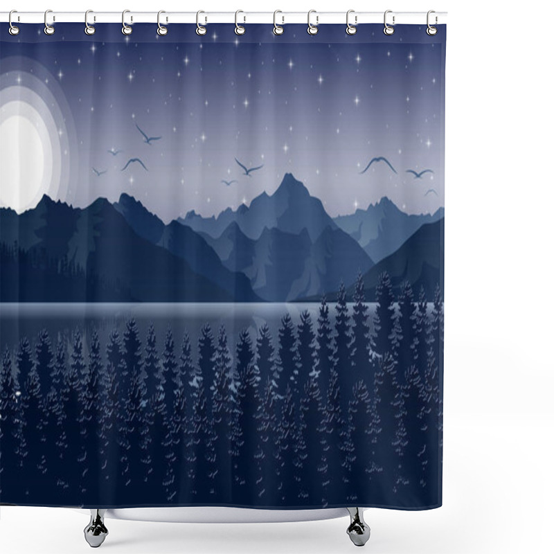 Personality  Night Mountains Landscape With Forest And River On Starry Sky Shower Curtains