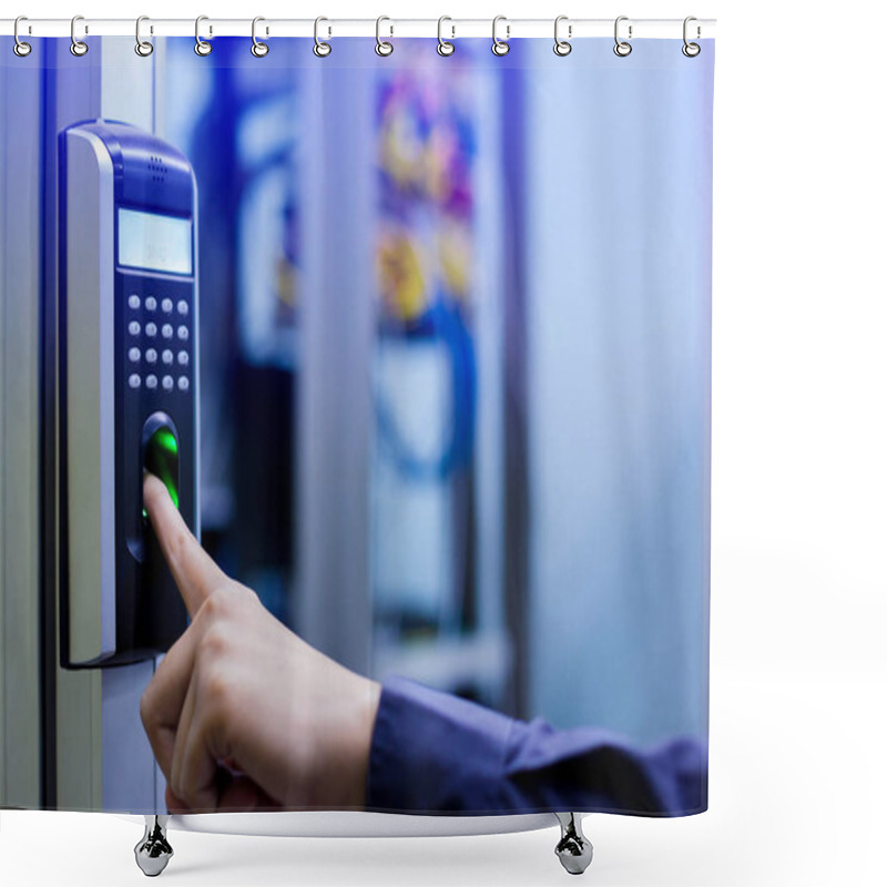 Personality  Staff Push Down Electronic Control Machine With Finger Scan To Access The Door Of Control Room Or Data Center. The Concept Of Data Security Or Data Access Control. Shower Curtains