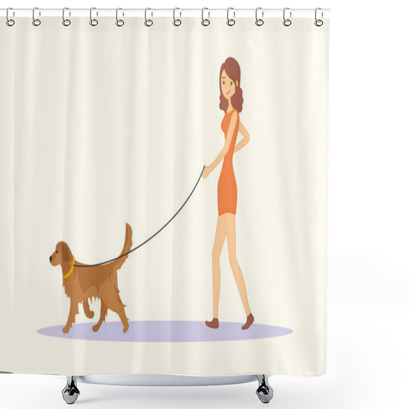 Personality  Woman Or Young Girl In Casual Clothes Walking The Dog Golden Retriever Breed. Vector Illustration Isolated On White Background Shower Curtains