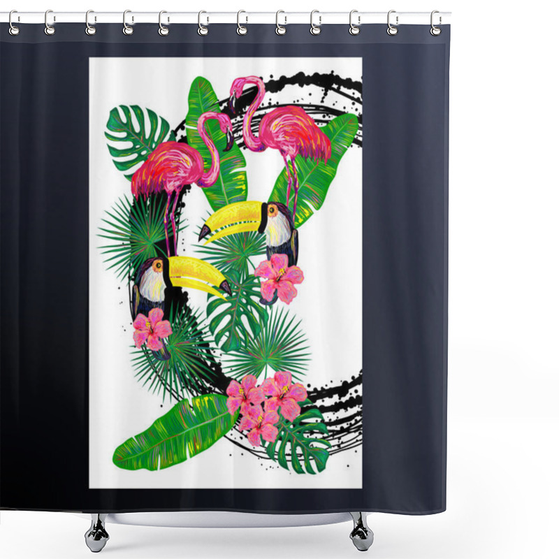 Personality  Invitation With Pink Flamingo, Toucan Bird, Tropical Exotic Flowers And Leaves Shower Curtains